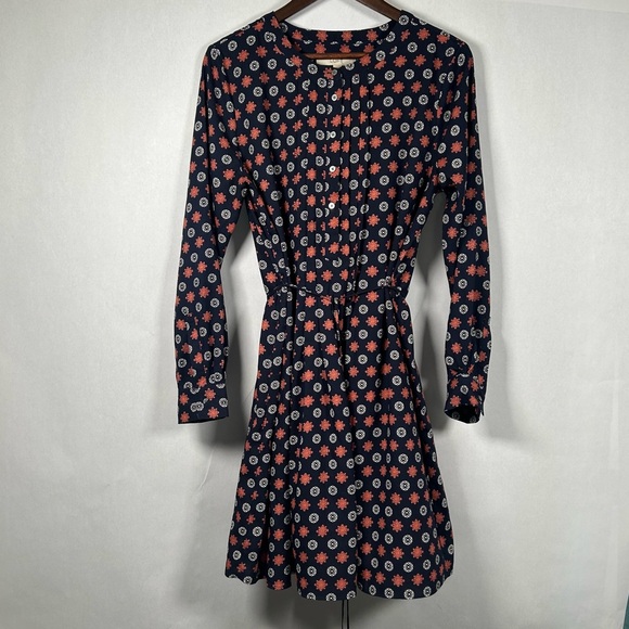 LOFT Navy Orange & White Floral Long Sleeve Dress - Picture 1 of 10
